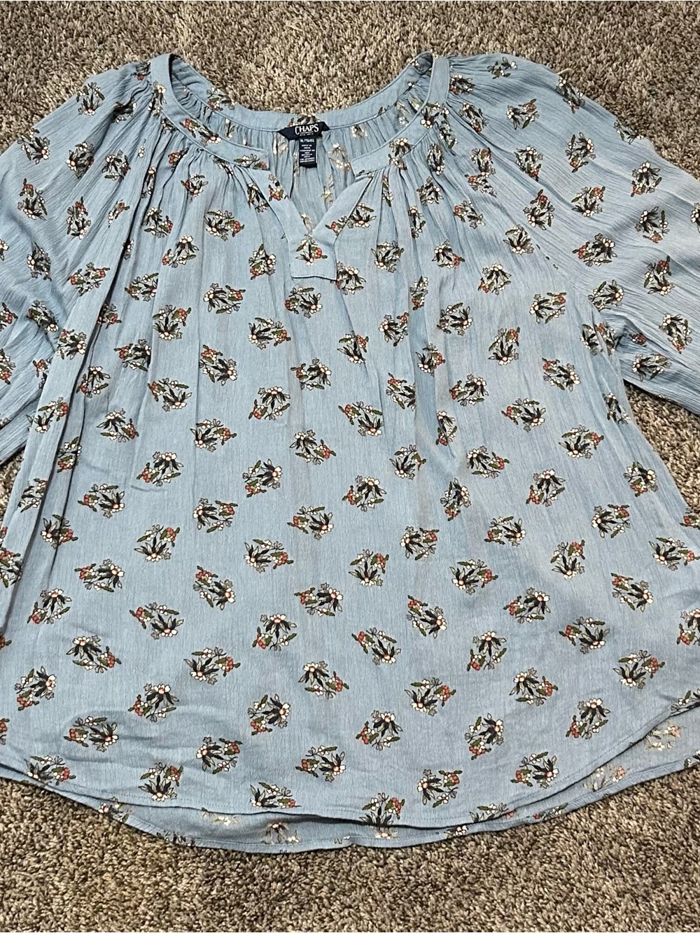 Chaps Light Blue Relaxed Fit Multicolored Floral Women’s Blouse, XL- 16
